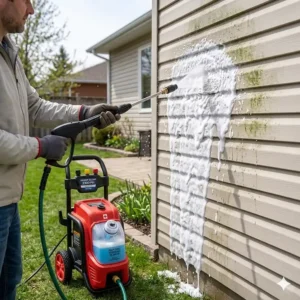 Simple step-by-step illustration of connecting a garden hose to an electric pressure washer with soap tank for residential use.