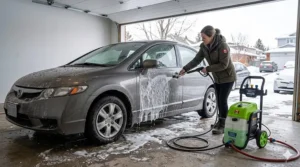 Close-up illustration of a built-in soap tank on an electric pressure washer for easy detergent application during Canadian spring cleaning.