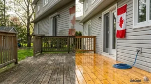 Before and after comparison of a dirty wooden deck being cleaned with a power washer in a Canadian backyard.