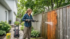 Alt text for image 3: A detailed photorealistic close-up showing a homeowner connecting a detergent intake tube to a pressure washer, featuring a bilingual safety caution tag in a Canadian residential setting.