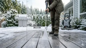 Diagram showing the recommended 12-inch distance for a pressure washer to be safe for composite deck boards.
