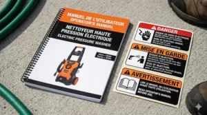 Close-up of an electric pressure washer safety manual and labels in both English and French (EN/FR).