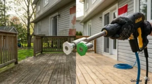 40-degree fan nozzle vs. 25-degree nozzle for safe pressure washer for deck cleaning to avoid wood gouging.
