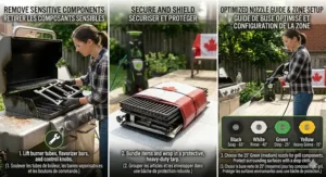 A guide showing different pressure washer spray tips, highlighting the best degrees for degreasing Canadian backyard barbecue grates without damaging the enamel.