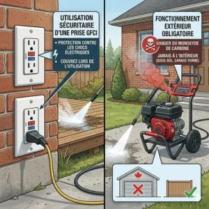 Safety diagram showing an electric pressure washer connected to a Canadian GFCI outdoor outlet and a gas pressure washer operating outdoors to prevent carbon monoxide buildup.