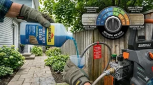 Alt text for image 5: A photorealistic safety guide for Canadian users, detailing essential personal protective equipment including safety glasses, work gloves, and work boots, alongside a bilingual pressure washer safety checklist.