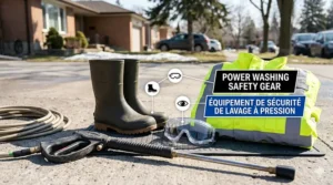 Diagram of essential safety gear for power washing, including waterproof boots and eye protection for Canadian DIYers.