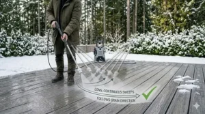 Illustration of the correct sweeping motion for using a pressure washer on composite deck boards to prevent etching.