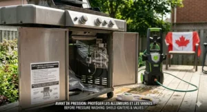 An instructional illustration demonstrating how to remove and wrap delicate barbecue burners and electronic igniters in plastic before starting a pressure washer deep clean.