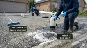 Illustration showing chemical pre-treatment of stubborn road salt stains during deep driveway cleaning after a Canadian winter.