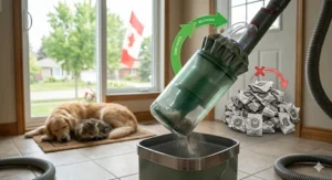 A clear bagless vacuum bin making it easy for pet owners to spot and retrieve accidentally vacuumed pet toys or kibble.