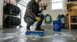 Heavy-duty brush scrubbing deep-set winter road salt stains off a concrete garage floor.