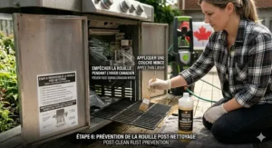 An illustration showing a homeowner applying a thin layer of cooking oil to cast iron barbecue grates after using a pressure washer to prevent rust during Canadian winters.