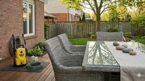 Alt text for image 6: Graphic of a Canadian backyard patio cleanup in spring using an electric pressure washer for patio furniture and decks.