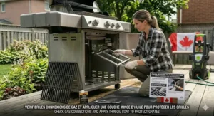 A bilingual English and French infographic checklist for seasonal Canadian patio prep, featuring a BBQ grill cleaning pressure washer as the primary maintenance tool.