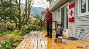 A homeowner performing annual spring deck maintenance using a pressure washer in a scenic British Columbia setting.