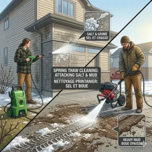 Illustration of a homeowner using a pressure washer during the Canadian spring thaw to blast away corrosive winter road salt and mud grime from a driveway.