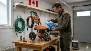 Illustration of winterizing and storing a 2000 PSI pressure washer in a garage to protect it from freezing temperatures.