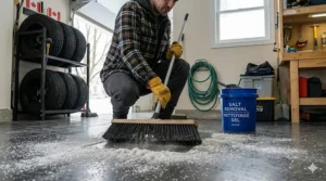 Illustration of a push broom sweeping away dried Canadian winter road salt and debris from a concrete floor.