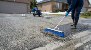 Line art illustration of sweeping winter sand and gravel off an asphalt driveway during early spring property maintenance.