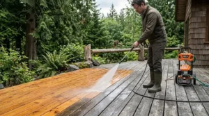 An illustration of a compact 2000 PSI pressure washer cleaning a West Coast style cedar deck.