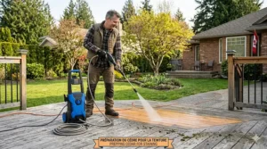 An electric pressure washer under 300 being used to prep a Canadian cedar deck for summer staining.