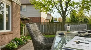 Alt text for image 9: Illustration showing how to clean with a pressure washer for patio furniture before storing items away for a Canadian winter.