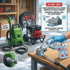 Graphic illustration showing how to protect electric and gas pressure washers from freezing Canadian winter temperatures using pump saver antifreeze fluid before garage storage.