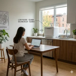 Photorealistic illustrative diagram showing a young professional studying on a laptop in a quiet modern Canadian apartment, while a 52dBA portable dishwasher under 500 dollars runs silently in the background, featuring bilingual English and French data callouts.