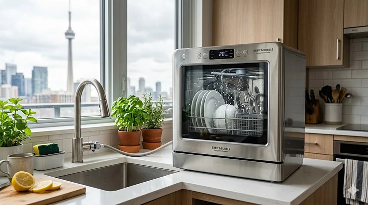 Best countertop dishwasher model sitting on a modern Canadian kitchen island next to a sink, loaded with clean plates and cutlery in a bright Toronto condo.