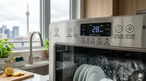 Illustrated digital control panel of the best countertop dishwasher showing multi-wash cycles including heavy duty, eco mode, and a heated sanitize option.