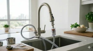 Bright, natural light view of a kitchen sink with a portable dishwasher quick-connect hose assembly attached to a stainless steel faucet.