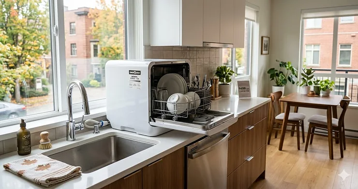 Best portable dishwasher under 500 dollars hooked up to a kitchen faucet in a compact Toronto apartment.