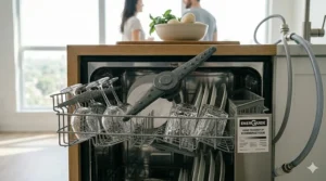 Detailed view of the upper rack inside a high-efficiency portable dishwasher featuring wine glasses, tumblers, and the spray arm assembly with a bilingual Écoénergétique label.