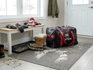 A Canadian home entryway with winter boots and a carpet covered in white crusty road salt stains before cleaning.