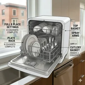 Technical capacity illustration showing 8 full place settings loaded into a compact portable dishwasher under 500 dollars. Bilingual labels point to the cutlery basket and spray arms.