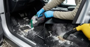 Illustration of a car owner deciding between a carpet cleaner vs steam cleaner for heavy white salt stains on vehicle floor mats.