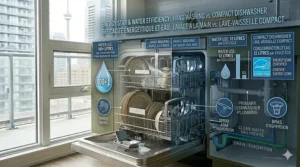 Cutaway illustration of the internal place settings and cutlery basket layout inside a compact dishwasher for condo kitchens.