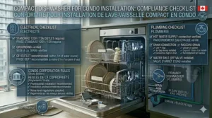 Strata compliance graphic detailing installation guidelines for a compact dishwasher for condo suites in Canada.