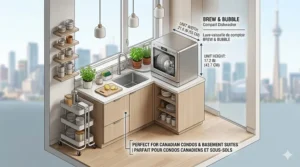 Small kitchen floor plan illustration featuring a space-saving mini dishwasher, perfect for Canadian renters, tiny homes, and basement suites (lave-vaisselle de comptoir).