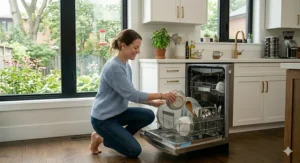 An illustration explaining how condensation drying systems in modern dishwashers save energy by eliminating heated drying cycles.