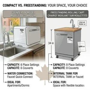 A product comparison diagram contrasting a compact white countertop dishwasher (connected to a faucet) with a full-height freestanding rolling cart model. Both display $499 CAD pricing, EnerGuide logos, and feature bilingual English and French technical specifications.