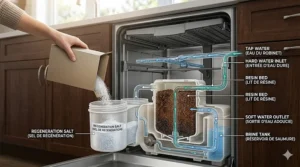 Inside diagram of a dishwasher for hard water showing the built-in water softener compartment and softening salt chamber.