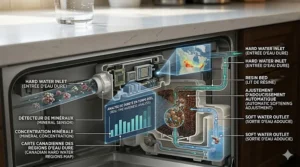 Graphic concept of a dishwasher for hard water using smart sensors to detect mineral levels and adjust water softening automatically.