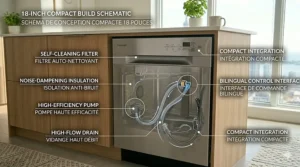 Plumbing and electrical installation schematic for a compact built-in dishwasher underneath a standard Canadian kitchen countertop.