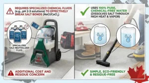 Eco-friendly cleaning illustration comparing chemical salt-neutralizers in carpet cleaners versus chemical-free steam cleaners.