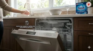 Illustration depicting an energy-efficient eco cycle on a dishwasher optimized to handle hard water without wasting energy.