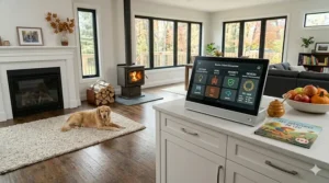 A family enjoying a chemical-free, sanitized hardwood floor cleaned using only a steam mop and water, showcasing safe indoor environments for Canadian homes.