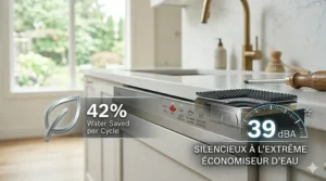 Energy-efficient icon set detailing water-saving metrics and quiet performance ratings for a luxury panel ready dishwasher model in Canada.