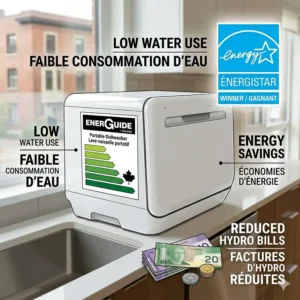 Technical illustration and diagram of a portable dishwasher under 500 dollars, featuring a bilingual Canadian EnerGuide label and a stack of CAD currency, highlighting Energy Star efficiency and reduced hydro bills.